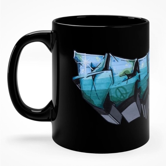 NEW “Be Happy” Graffiti Style Original Art on Black Ceramic Mug 11oz - Picture 2 of 4